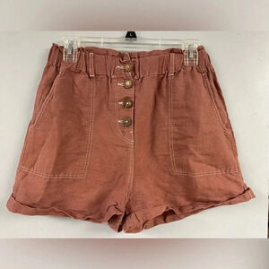 Zara Linen Cotton Paperbag Shorts Size Small Ft Button Elastic Waist High Waist